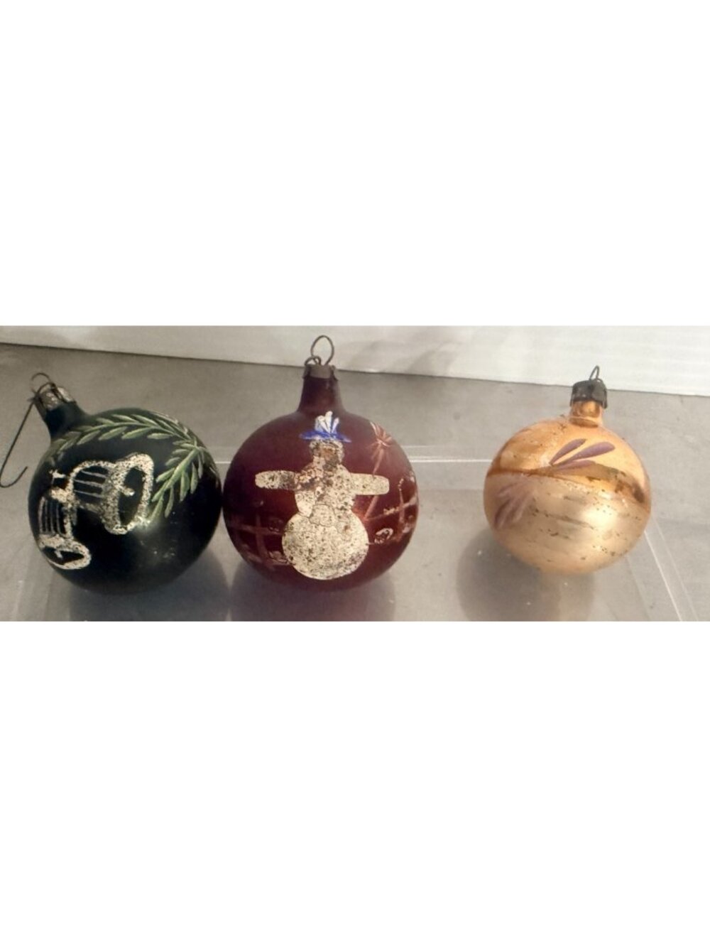 Vintage  Lot of 3 Painted Poland Ornaments Snowman, Floral Bells